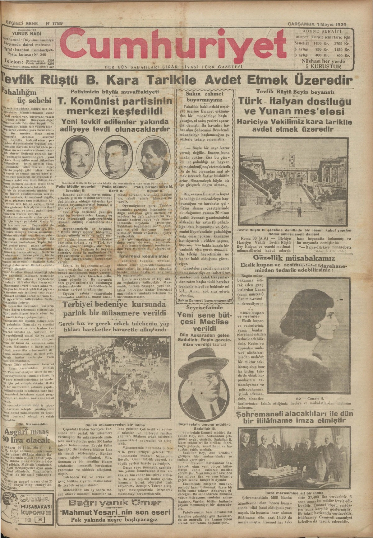 TARİHTE BUGÜN: 96 YIL ÖNCEKİ CUMHURİYET GAZETESİ-1 Mayıs 1929