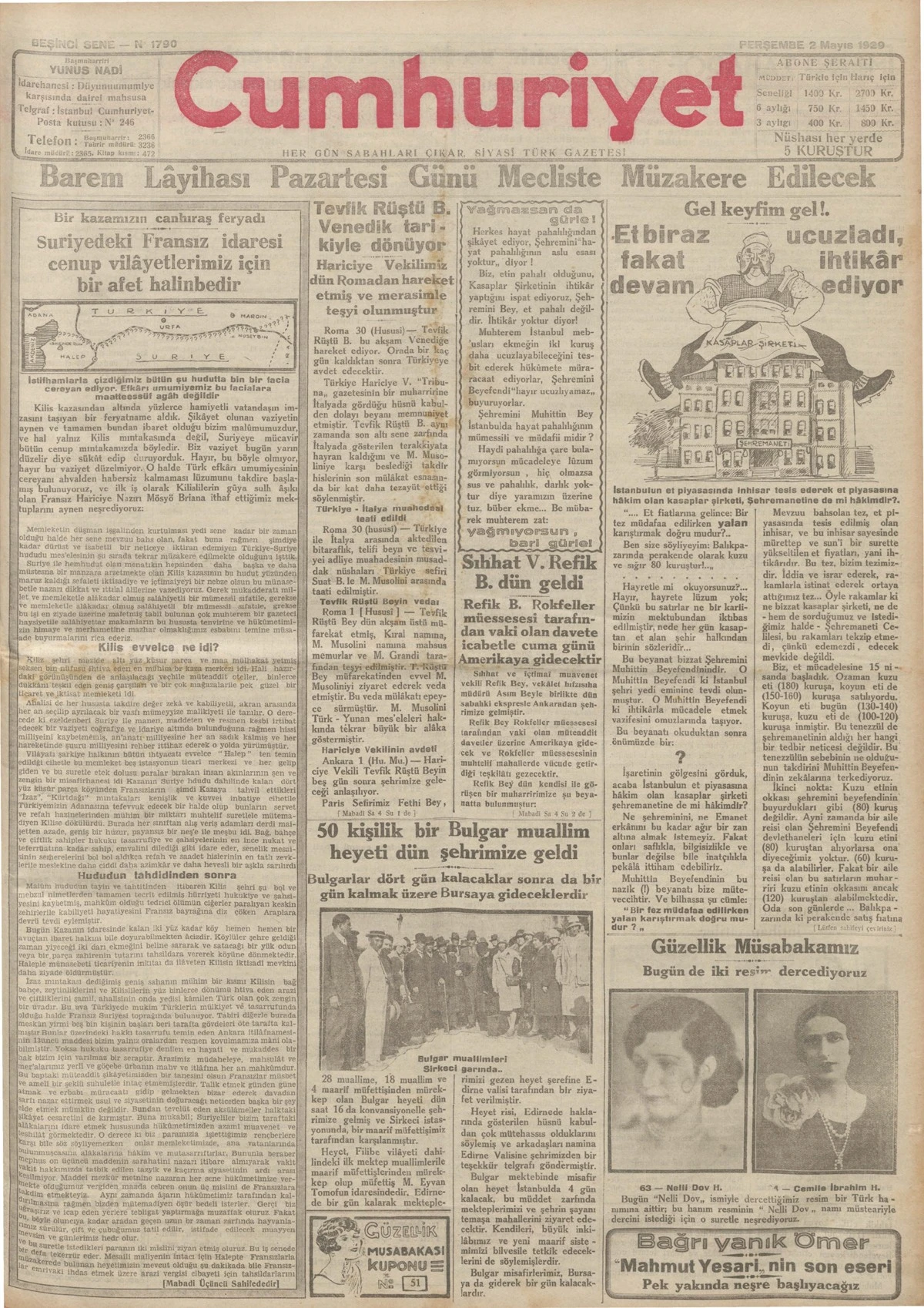 TARİHTE BUGÜN: 96 YIL ÖNCEKİ CUMHURİYET GAZETESİ-2 Mayıs 1929