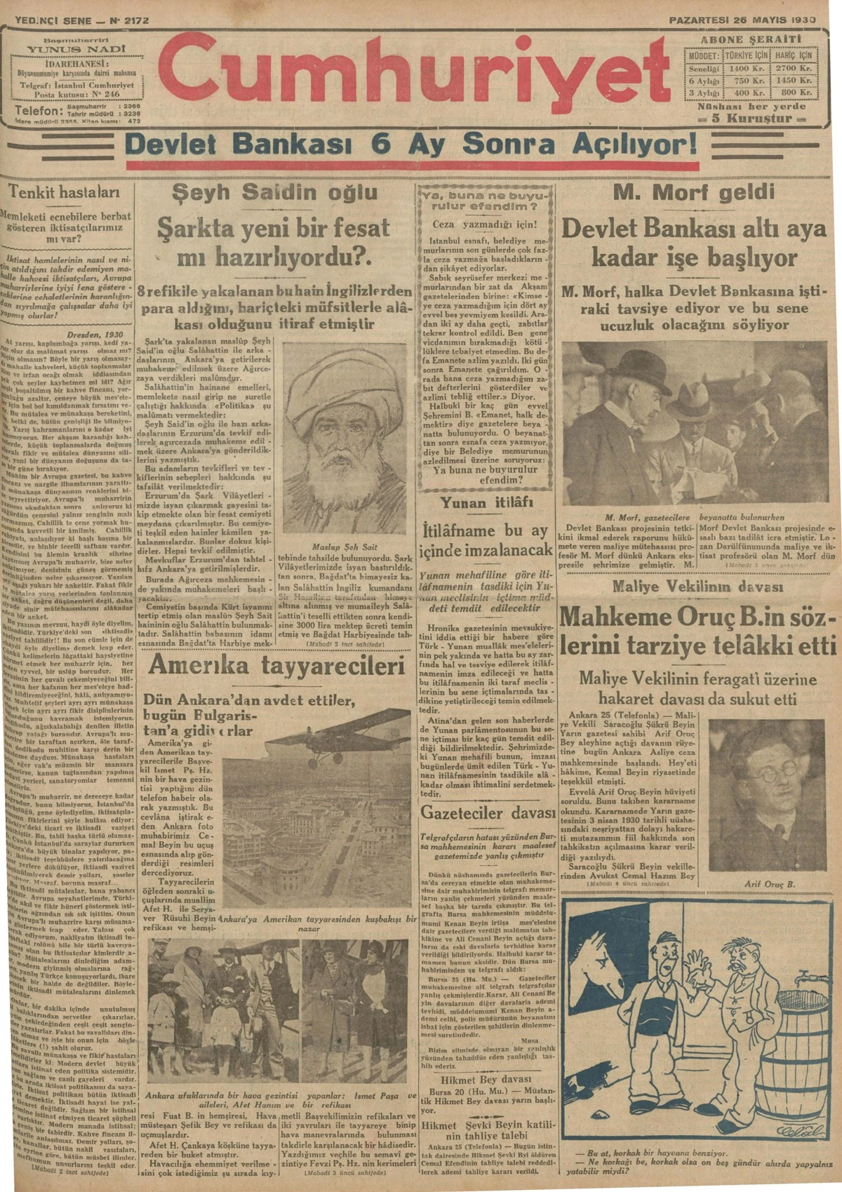 TARİHTE BUGÜN: 95 YIL ÖNCEKİ CUMHURİYET GAZETESİ-26 Mayıs 1930
