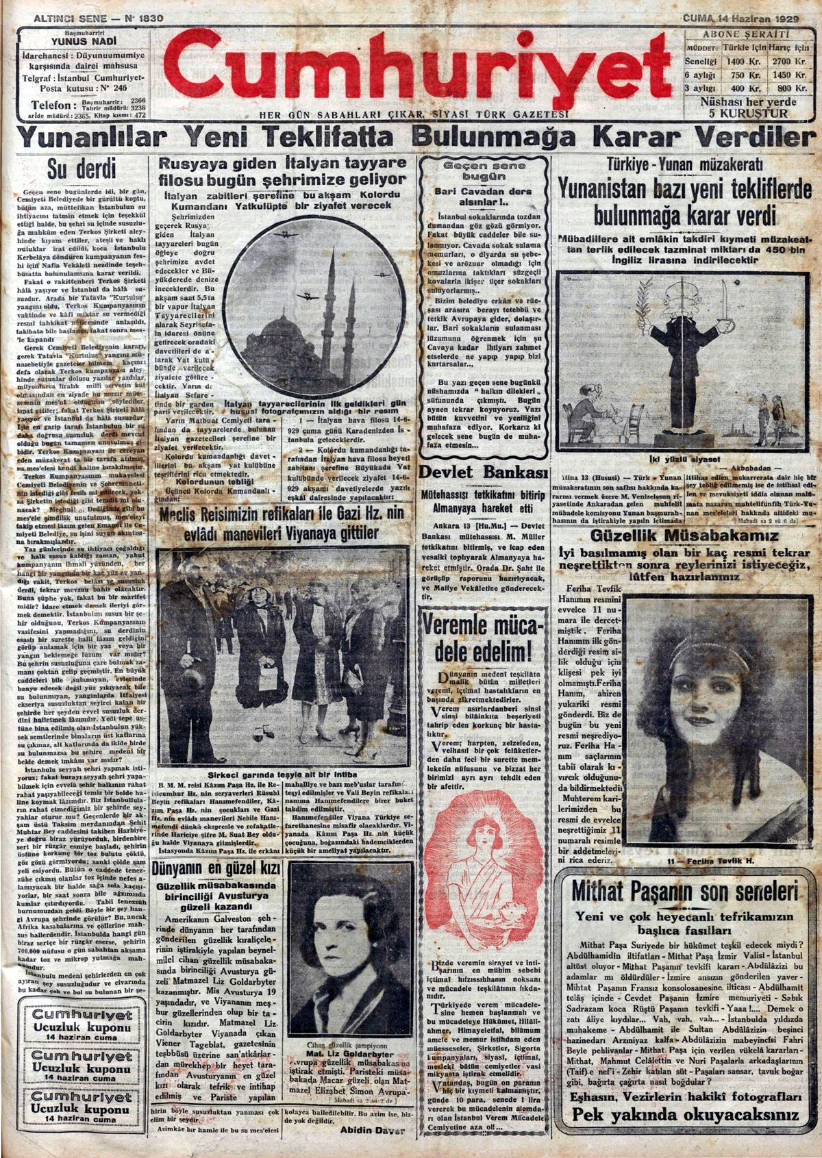 TARİHTE BUGÜN: 96 YIL ÖNCEKİ CUMHURİYET GAZETESİ-14 Haziran 1929