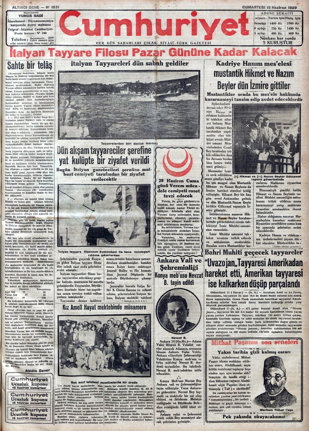 TARİHTE BUGÜN: 96 YIL ÖNCEKİ CUMHURİYET GAZETESİ-15 Haziran 1929