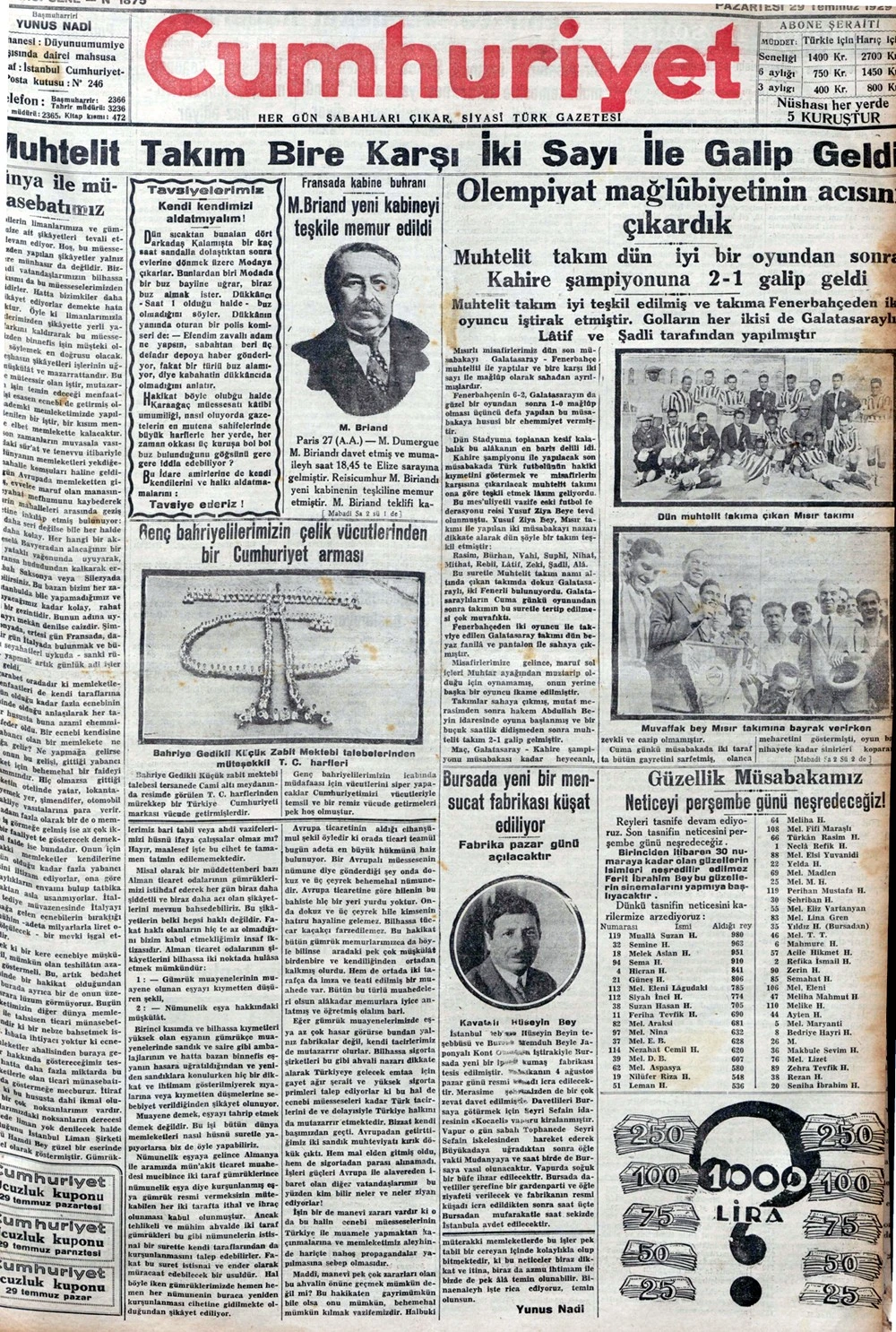 TARİHTE BUGÜN: 96 YIL ÖNCEKİ CUMHURİYET GAZETESİ-19 Temmuz 1929