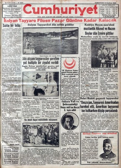 TARİHTE BUG&Uuml;N: 96 YIL &Ouml;NCEKİ CUMHURİYET GAZETESİ-15 Haziran 1929