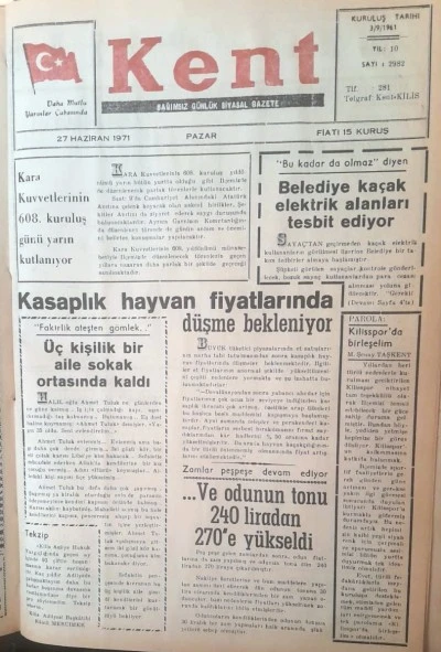 KİLİS'TE TARİHTE BUG&Uuml;N: 54 YIL &Ouml;NCEKİ KİLİS KENT GAZETESİ-27 Haziran 1971