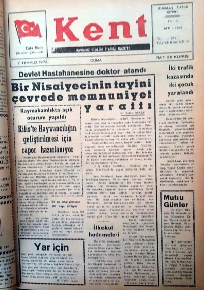 KİLİS'TE TARİHTE BUG&Uuml;N: 53 YIL &Ouml;NCEKİ KİLİS KENT GAZETESİ-7 Temmuz 1972