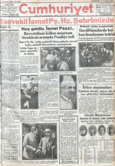 TARİHTE BUG&Uuml;N: 96 YIL &Ouml;NCEKİ CUMHURİYET GAZETESİ-10 Temmuz1929