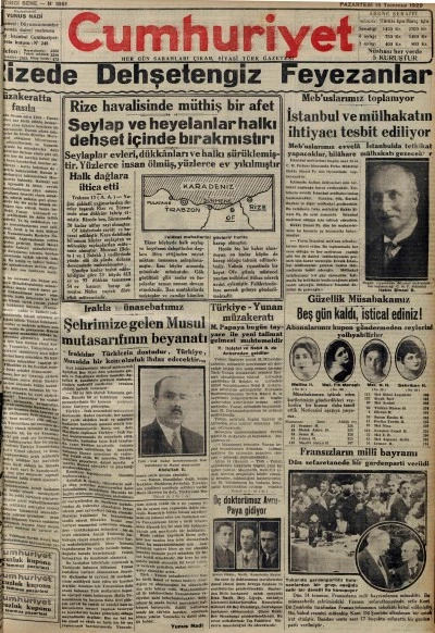 TARİHTE BUG&Uuml;N: 96 YIL &Ouml;NCEKİ CUMHURİYET GAZETESİ-15 Temmuz 1929