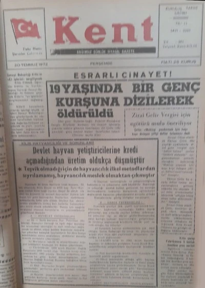 KİLİS'TE TARİHTE BUG&Uuml;N: 53 YIL &Ouml;NCEKİ KİLİS KENT GAZETESİ-20 Temmuz 1972