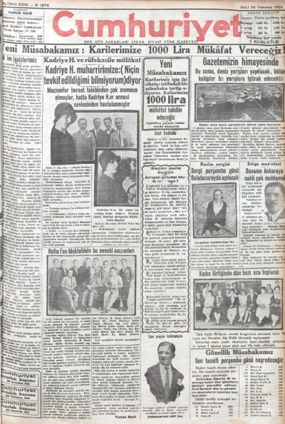 TARİHTE BUGÜN: 96 YIL ÖNCEKİ CUMHURİYET GAZETESİ-30 Temmuz 1929