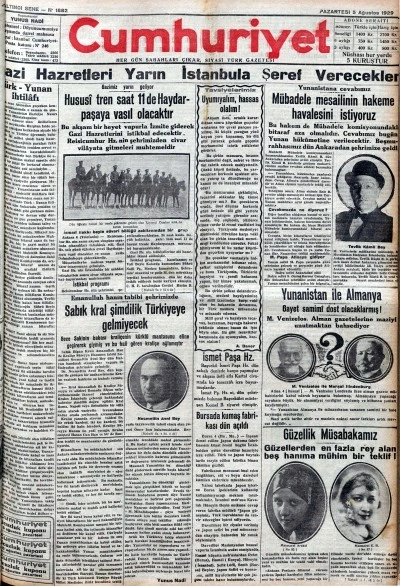 TARİHTE BUG&Uuml;N: 96 YIL &Ouml;NCEKİ CUMHURİYET GAZETESİ-5 Ağustos 1929