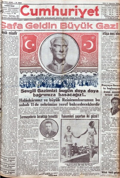 TARİHTE BUG&Uuml;N: 96 YIL &Ouml;NCEKİ CUMHURİYET GAZETESİ-6 Ağustos 1929