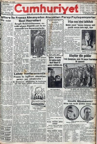 TARİHTE BUG&Uuml;N: 96 YIL &Ouml;NCEKİ CUMHURİYET GAZETESİ-8 Ağustos 1929
