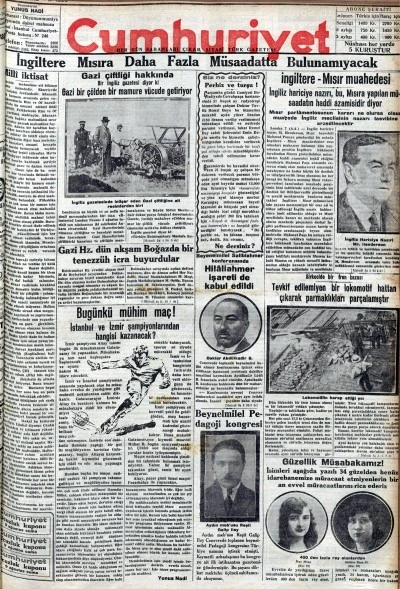 TARİHTE BUGÜN: 96 YIL ÖNCEKİ CUMHURİYET GAZETESİ-9 Ağustos 1929