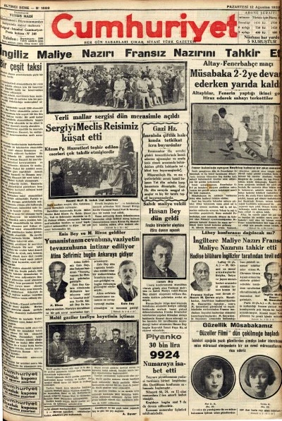 TARİHTE BUG&Uuml;N: 96 YIL &Ouml;NCEKİ CUMHURİYET GAZETESİ-12 Ağustos 1929