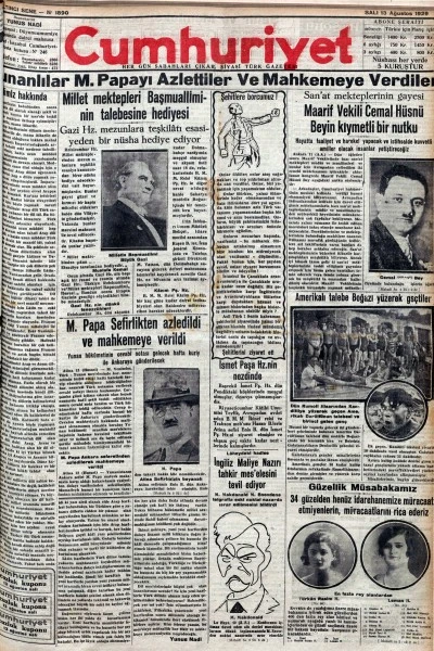 TARİHTE BUG&Uuml;N: 96 YIL &Ouml;NCEKİ CUMHURİYET GAZETESİ-13 Ağustos 1929