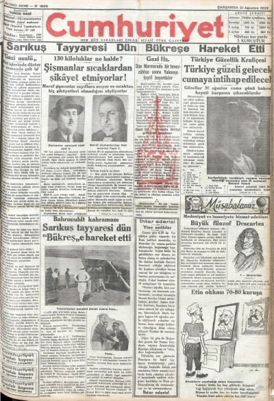 TARİHTE BUGÜN: 96 YIL ÖNCEKİ CUMHURİYET GAZETESİ-21 Ağustos 1929