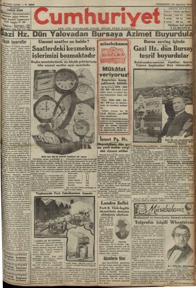TARİHTE BUGÜN: 96 YIL ÖNCEKİ CUMHURİYET GAZETESİ-22 Ağustos 1929