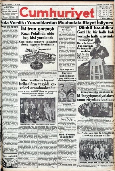 TARİHTE BUGÜN: 96 YIL ÖNCEKİ CUMHURİYET GAZETESİ-8 Eylül 1929