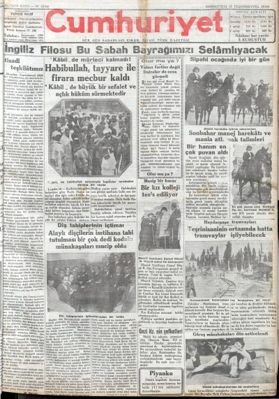 TARİHTE BUGÜN: 96 YIL ÖNCEKİ CUMHURİYET GAZETESİ-12 Ekim 1929