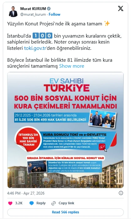 Bakan Kurum m&uuml;jdeyi verdi: 81 ilde TOKİ kuraları tamamlandı