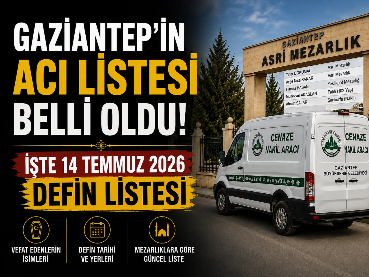 Gaziantep'in Acı Listesi Belli Oldu! İşte 14 Temmuz 2026 Defin Listesi