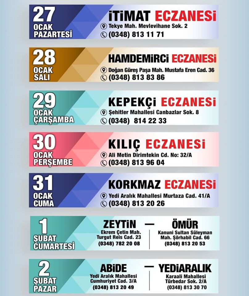 BU HAFTA KİLİS'TE NÖBETÇİ OLAN ECZANELER