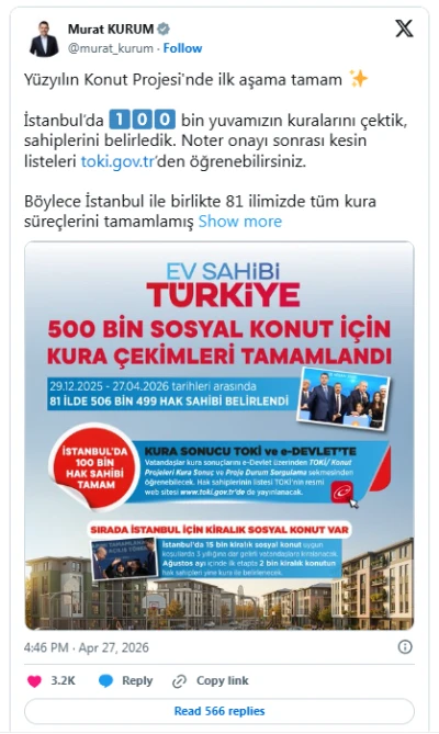 Bakan Kurum m&uuml;jdeyi verdi: 81 ilde TOKİ kuraları tamamlandı