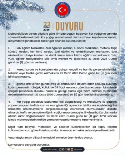 Kilis&rsquo;te Kamu &Ccedil;alışanlarına Kar Tatili